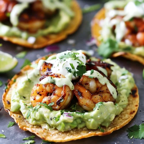 Avocado And Chipotle Shrimp Tostadas With Cilantro Lime Crema