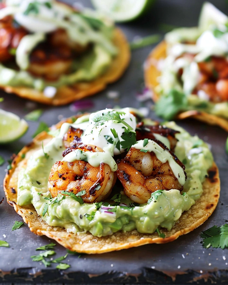 Avocado And Chipotle Shrimp Tostadas With Cilantro Lime Crema