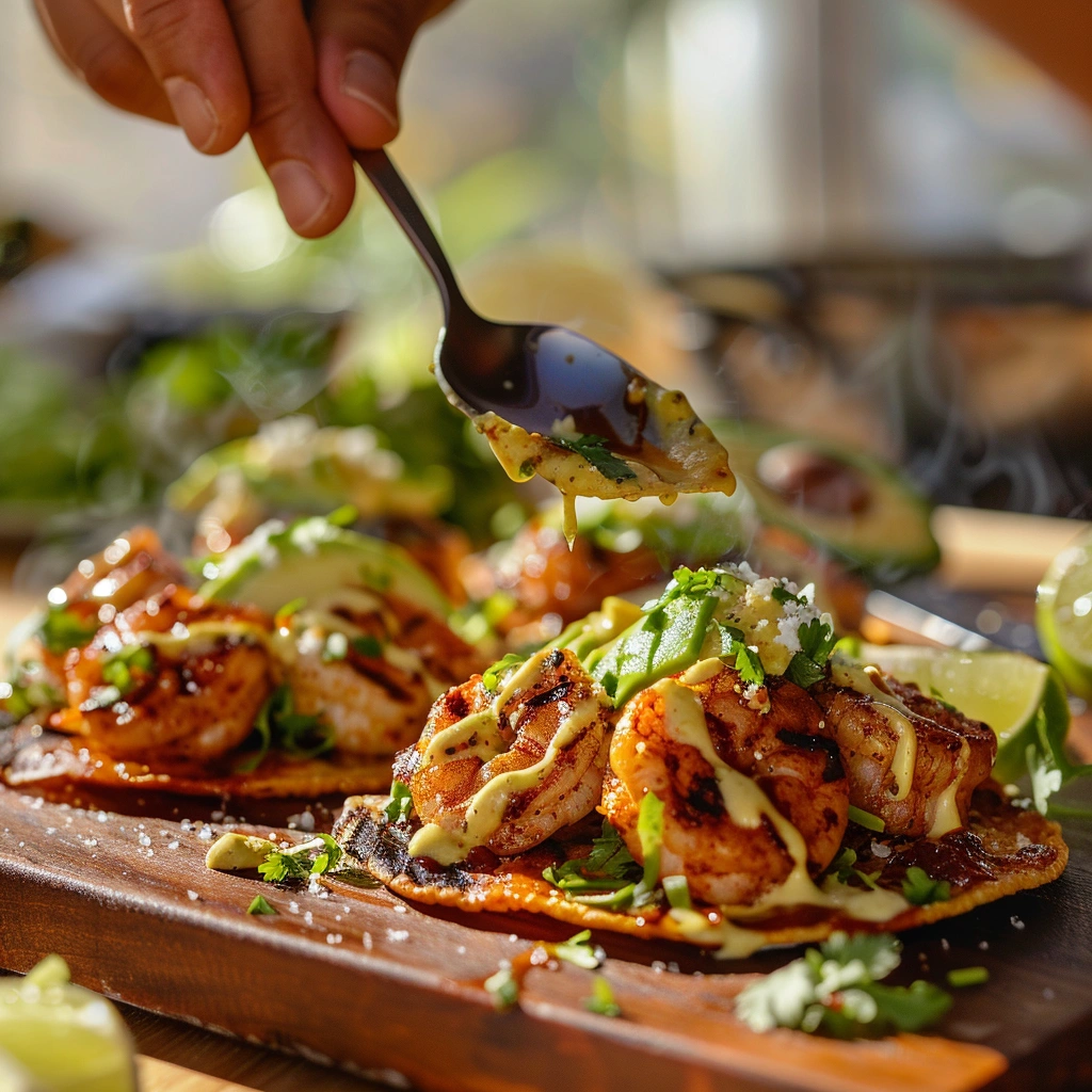 Avocado And Chipotle Shrimp Tostadas With Cilantro Lime Crema