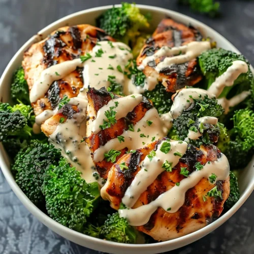 Best Grilled Chicken & Broccoli Bowls with Creamy Garlic Sauce