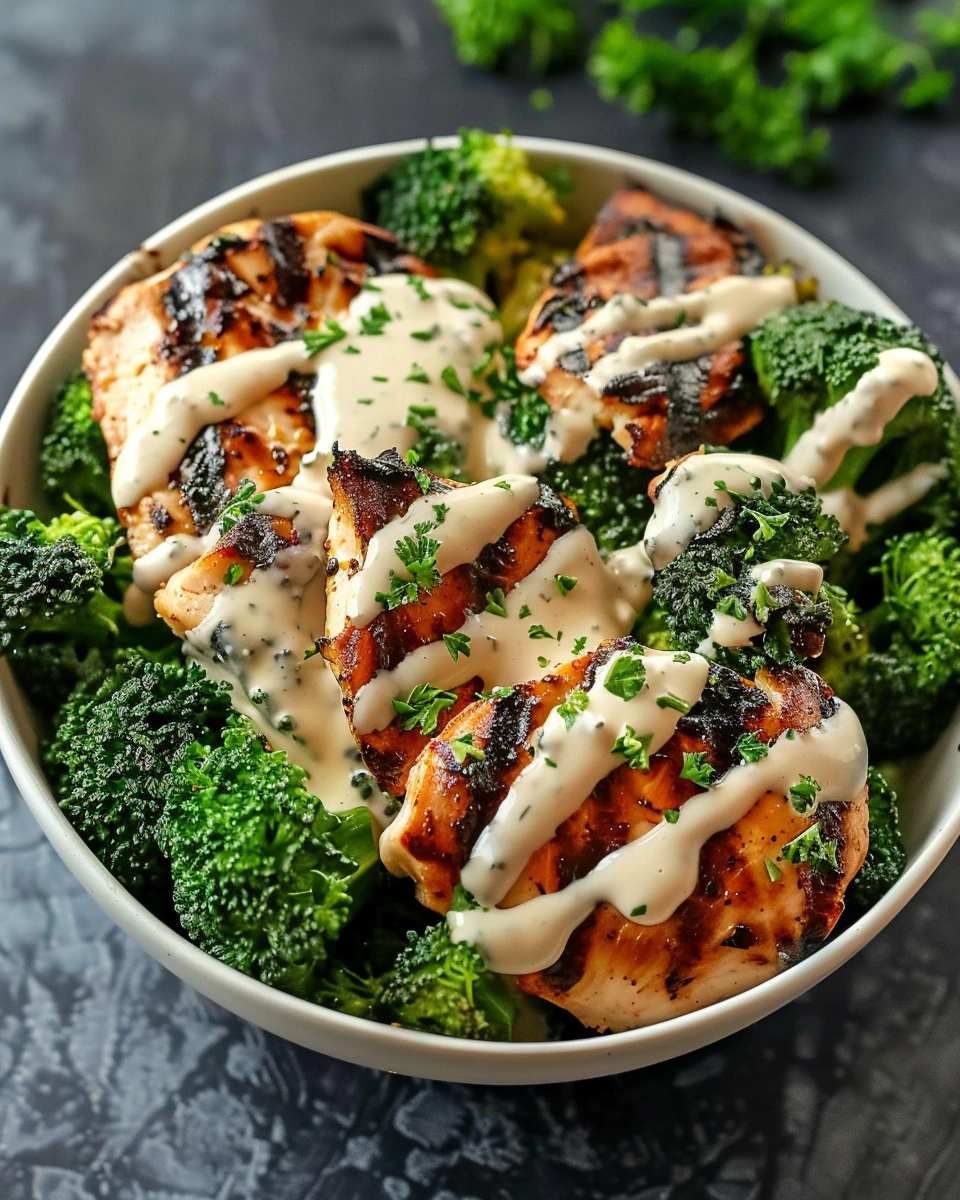 Best Grilled Chicken & Broccoli Bowls with Creamy Garlic Sauce
