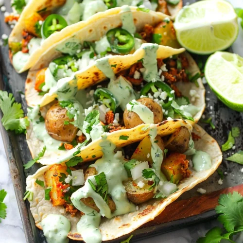 Crispy Vegan Potato Tacos with Jalapeño Cilantro Sauce