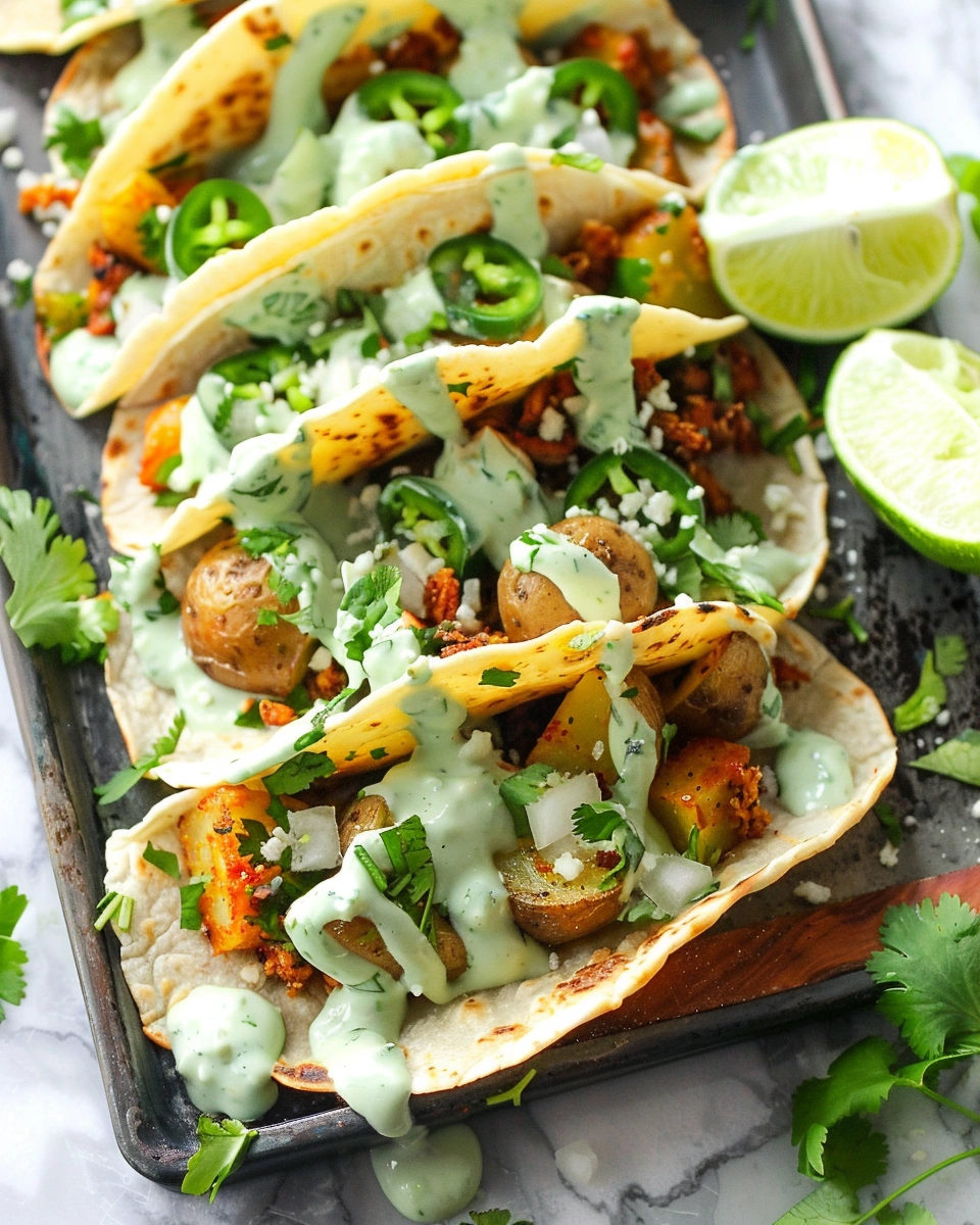 Crispy Vegan Potato Tacos with Jalapeño Cilantro Sauce