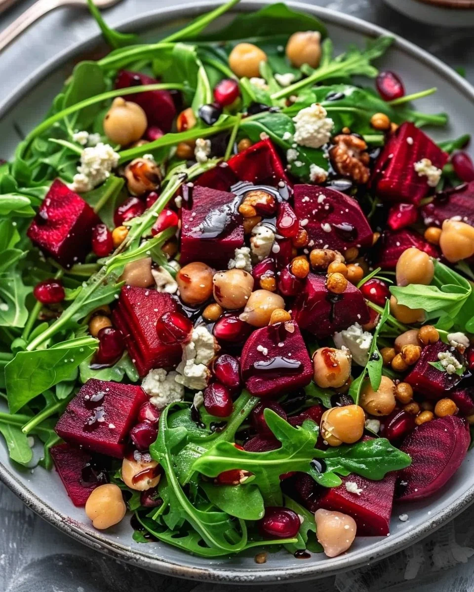 Arugula and chickpea beet salad with balsamic dressing, served in a bowl.