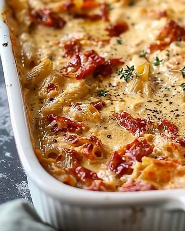 Baked hummus pasta served in a bowl with fresh herbs and a golden crust
