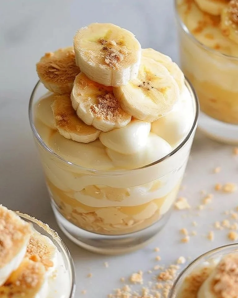 Homemade banana pudding cups topped with whipped cream and banana slices