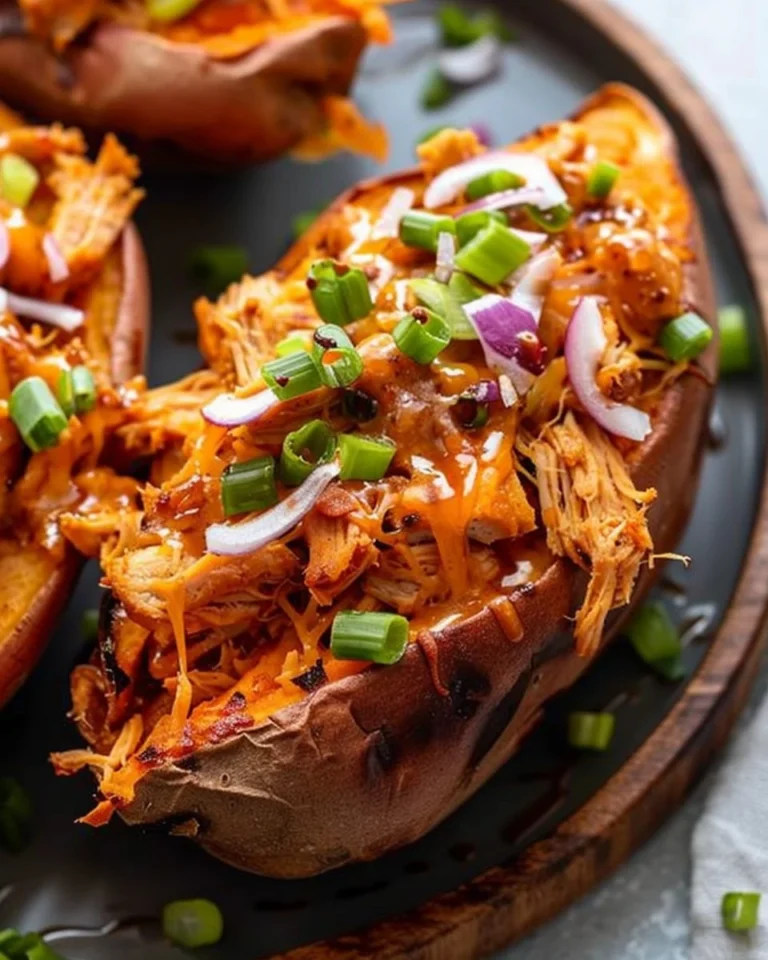 BBQ chicken stuffed sweet potatoes served on a plate with fresh toppings