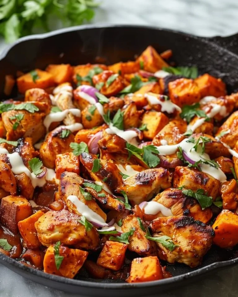 BBQ chicken sweet potato skillet dish served in a pan