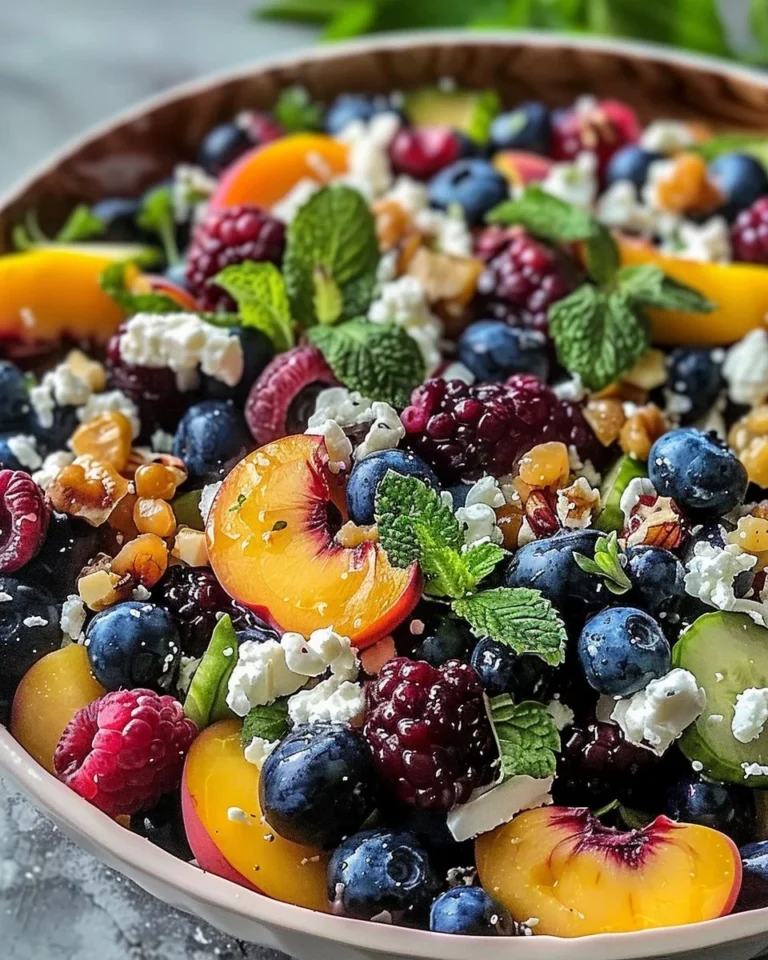 Blueberry Peach Feta Salad garnished with fresh ingredients in a bowl.
