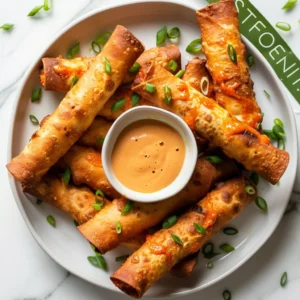Delicious Buffalo Chicken Taquitos piled on a plate, garnished with green onions.