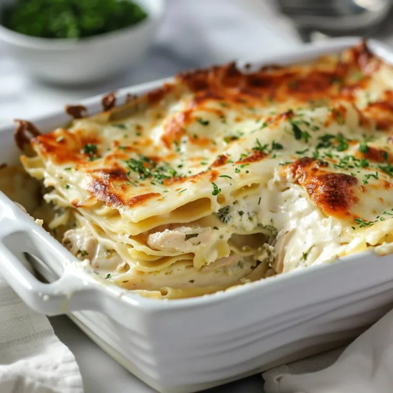 Cheesy chicken lasagna baked to perfection, a comforting weeknight dinner.