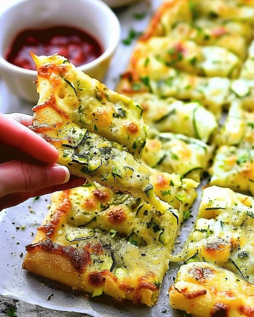 Plate of cheesy zucchini breadsticks, golden and crispy, ready to enjoy.