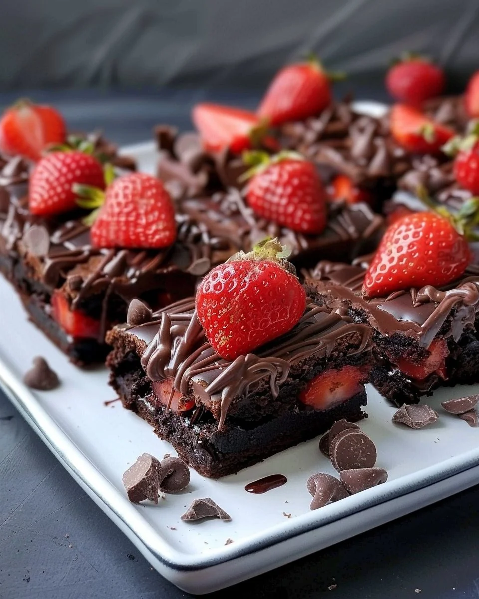 Delicious chocolate covered strawberry brownies made with 5 simple ingredients