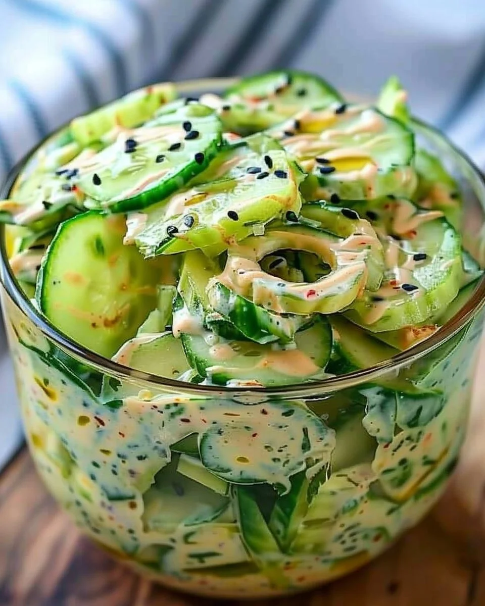 Creamy Asian cucumber salad garnished with herbs and sesame seeds