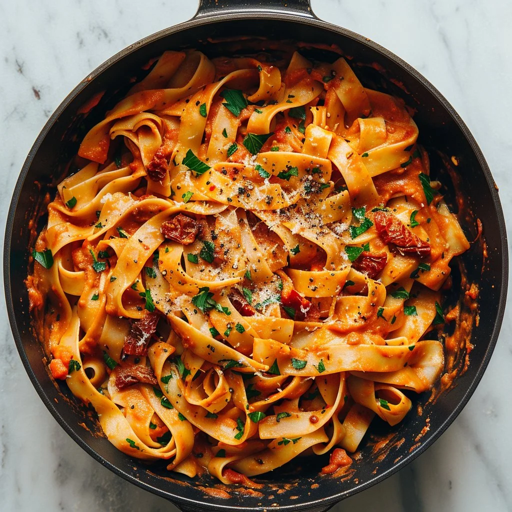 Creamy vegan pasta with sun-dried tomatoes and fresh herbs