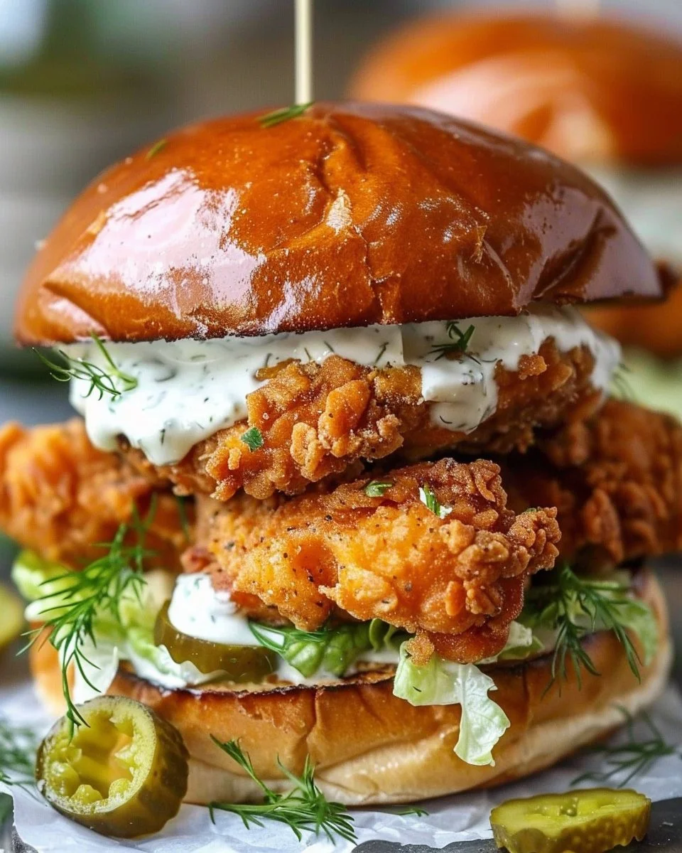 Crispy dill chicken sandwich served with fresh ingredients and tasty condiments.