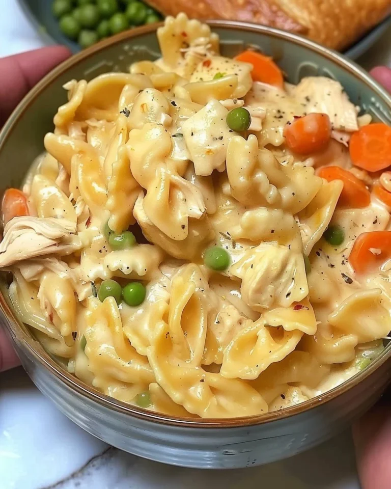 Crock pot chicken pot pie pasta dish served in a bowl, garnished with herbs.