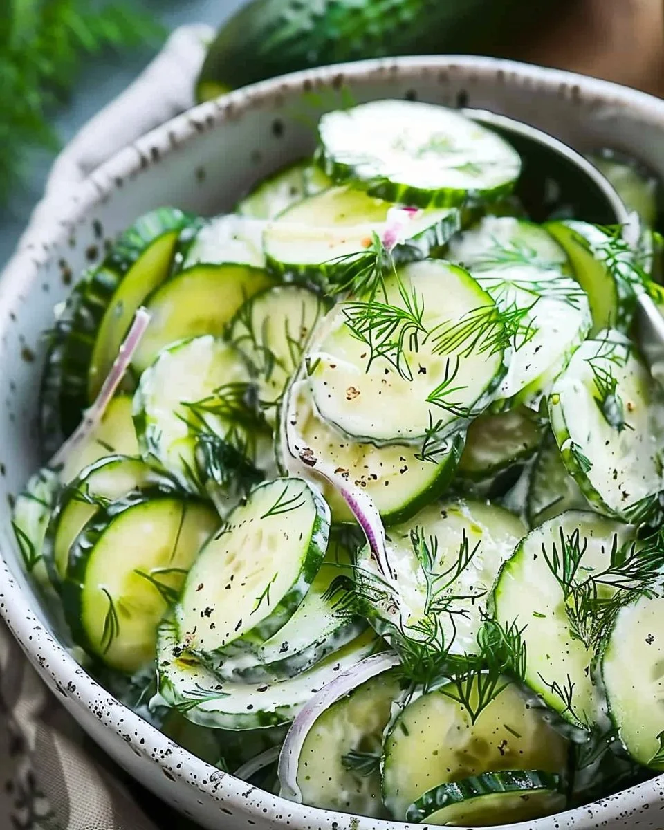 Fresh Cucumber Dill Salad with 5 ingredients in a bowl