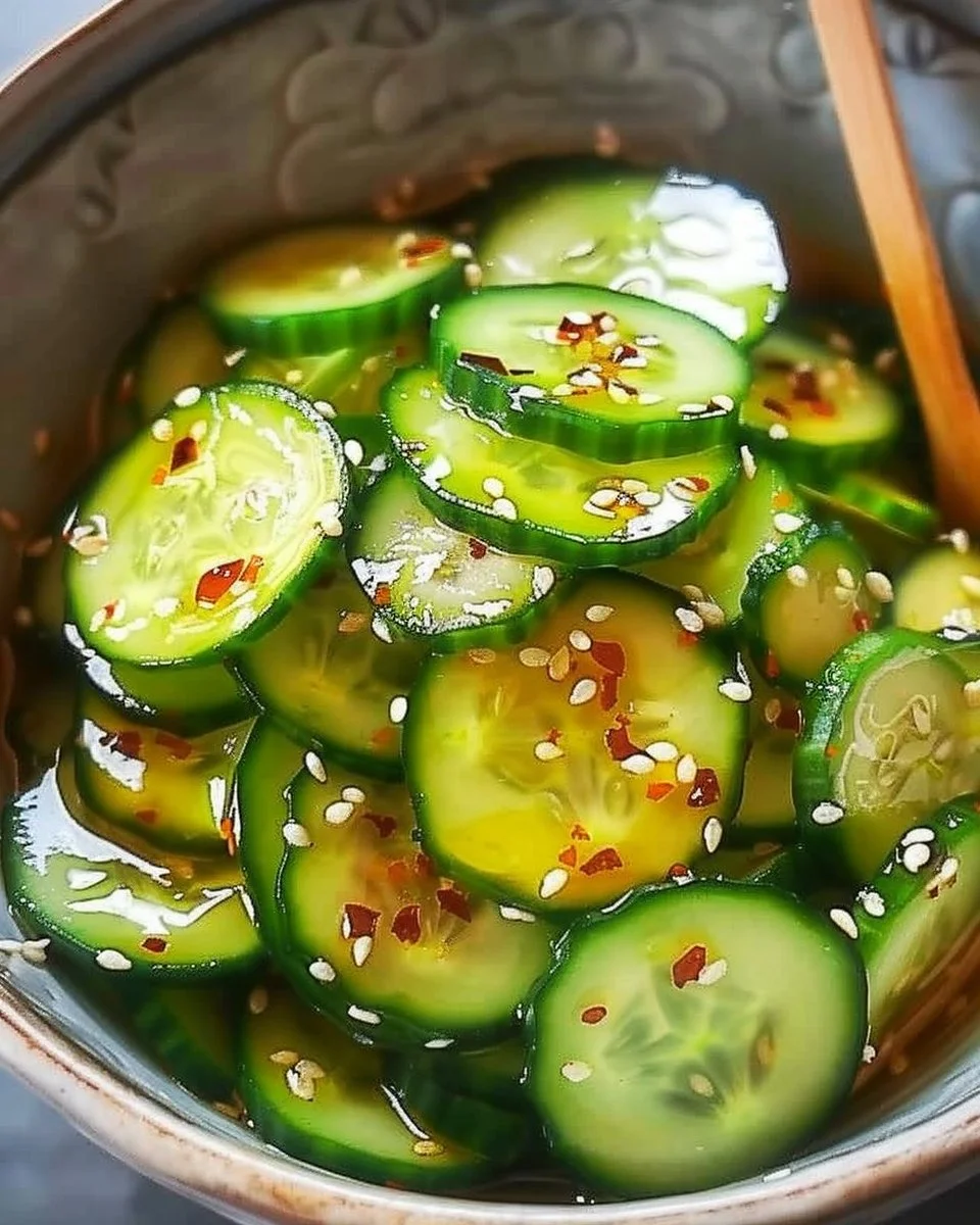 Fresh Asian cucumber salad with herbs and spices in a bowl