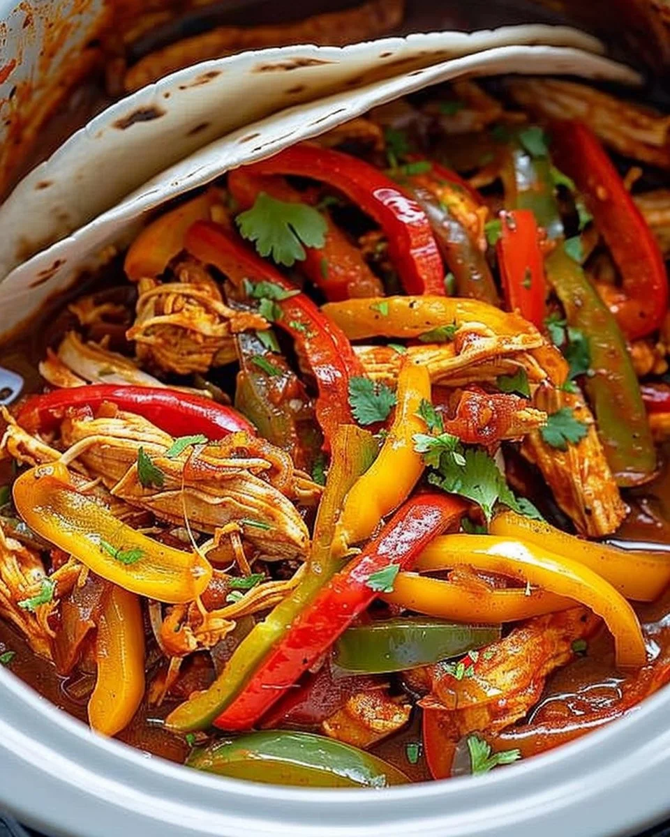 Delicious crockpot chicken fajitas served on a plate with fresh toppings