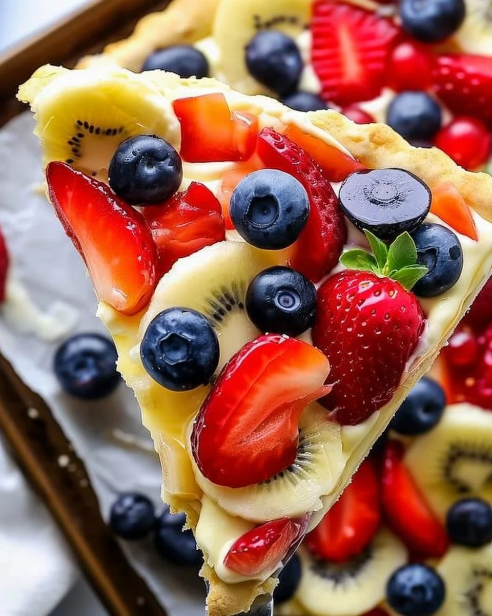 Delicious no-bake fruit pizza topped with fresh fruits and cream cheese frosting