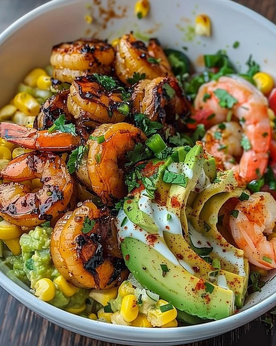 Delicious grilled shrimp bowl with avocado and corn salsa on a plate
