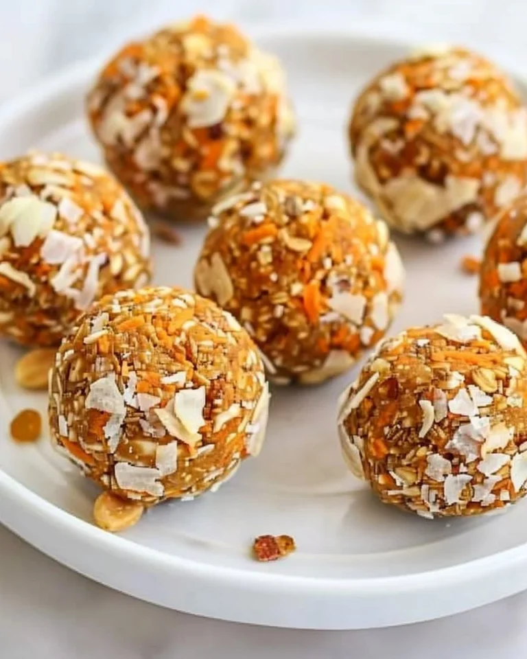 Healthy no-bake carrot cake energy bites on a wooden plate
