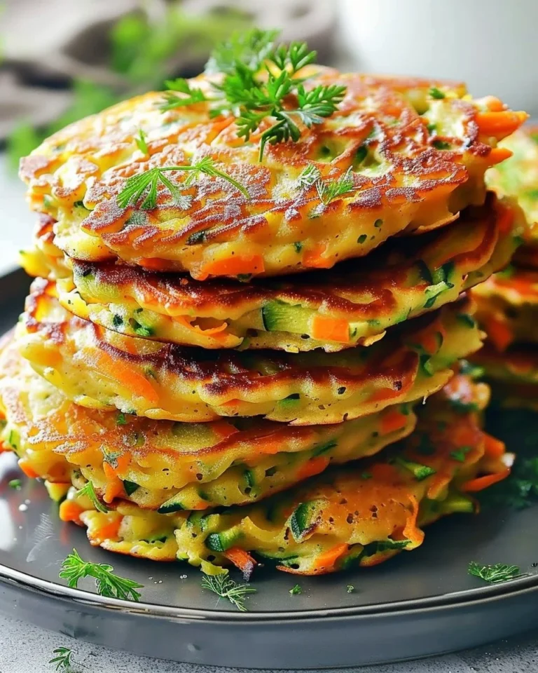 Fluffy zucchini carrot pancakes stacked on a plate with syrup dripping