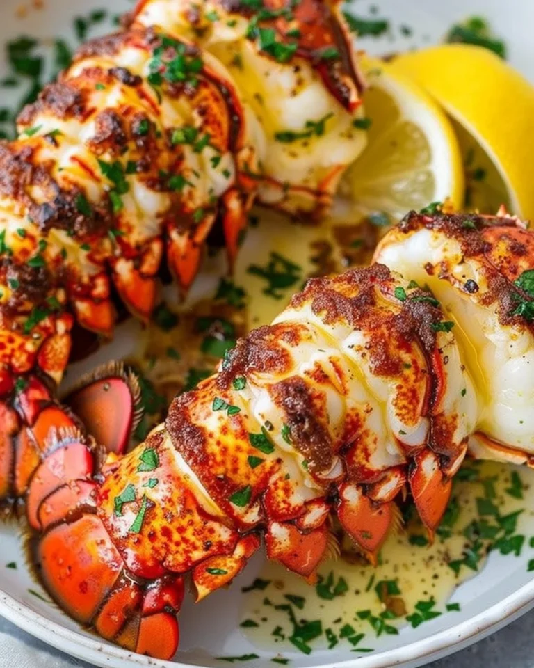Garlic butter lobster tails served on a plate with herbs