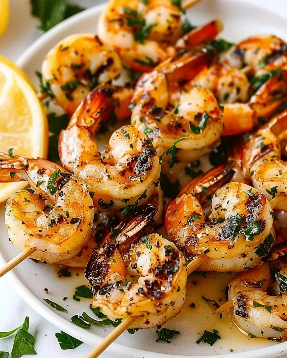 Garlic grilled shrimp skewers ready to be served for a delicious barbecue meal.