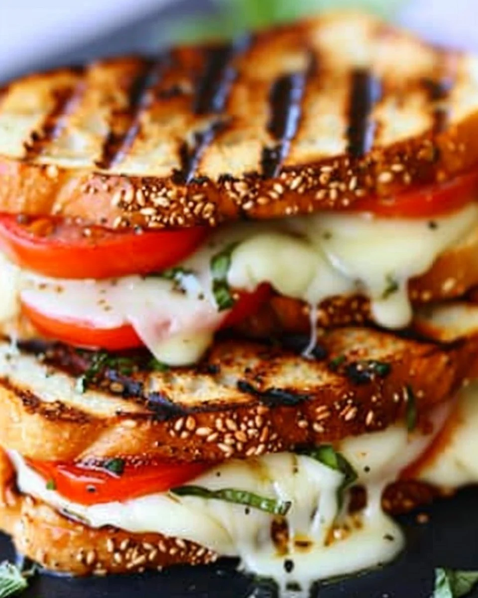 Delicious Grilled Caprese Sandwich with mozzarella, tomatoes, and basil