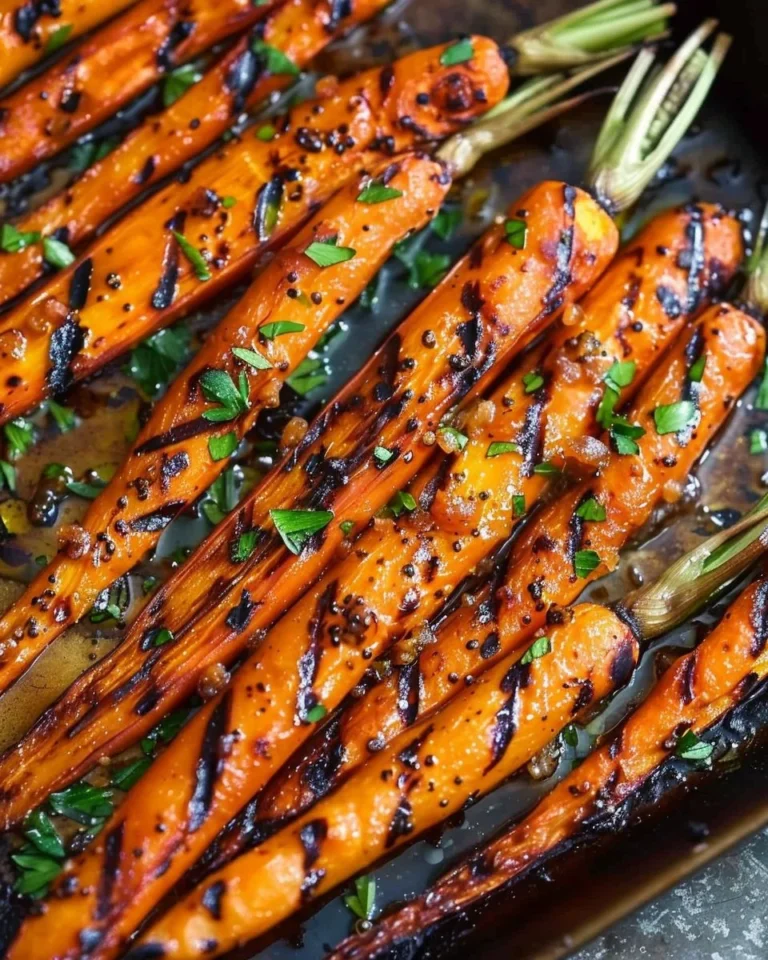Grilled carrots topped with honey brown sugar butter on a serving plate