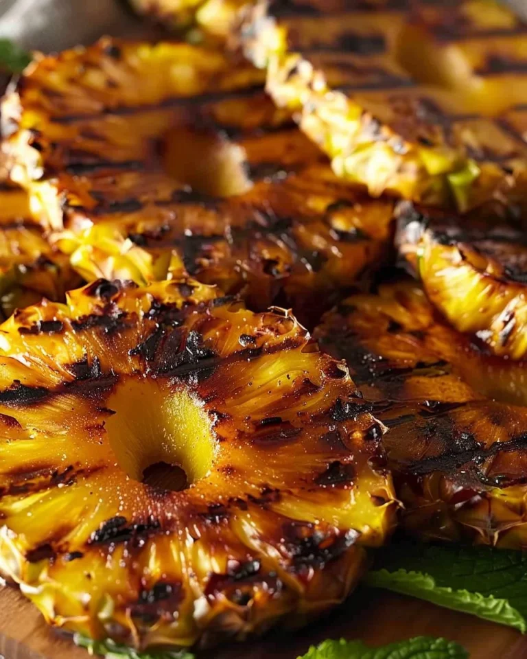 Delicious grilled pineapple garnished with spices and herbs on a platter.