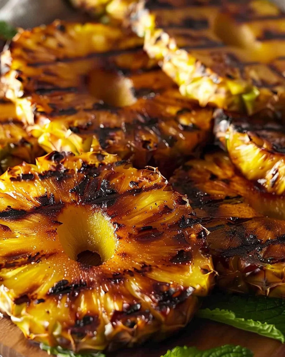 Delicious grilled pineapple garnished with spices and herbs on a platter.
