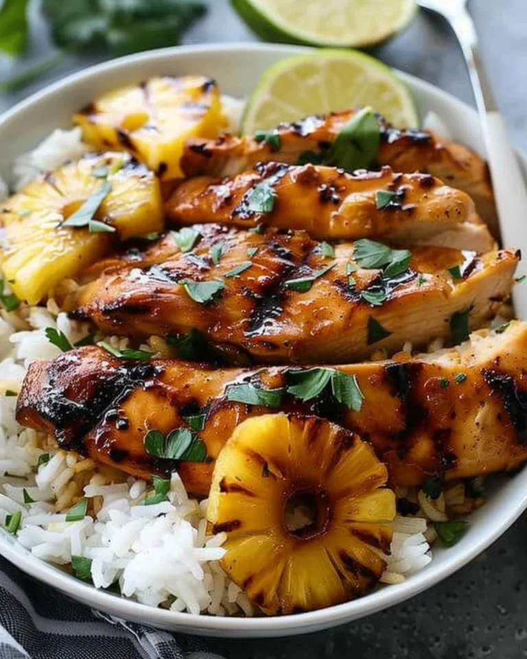 Hawaiian Chicken with Pineapple served on a plate with Coconut Rice