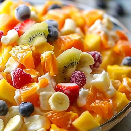 Colorful Hawaiian Fruit Salad in a bowl with tropical fruits