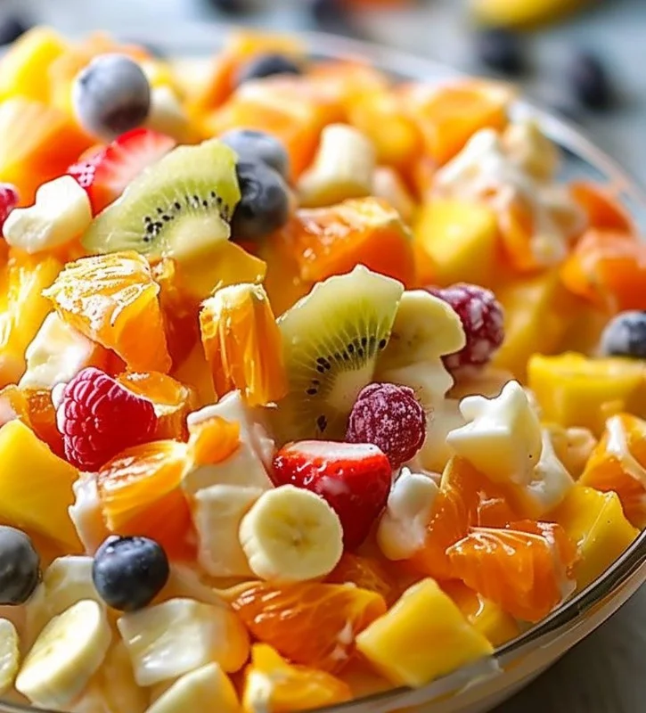 Colorful Hawaiian Fruit Salad in a bowl with tropical fruits