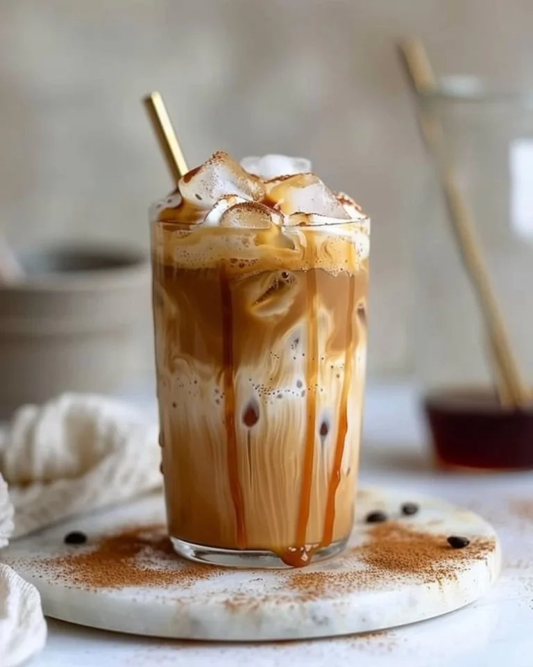 Homemade caramel iced coffee in a glass with ice and whipped cream