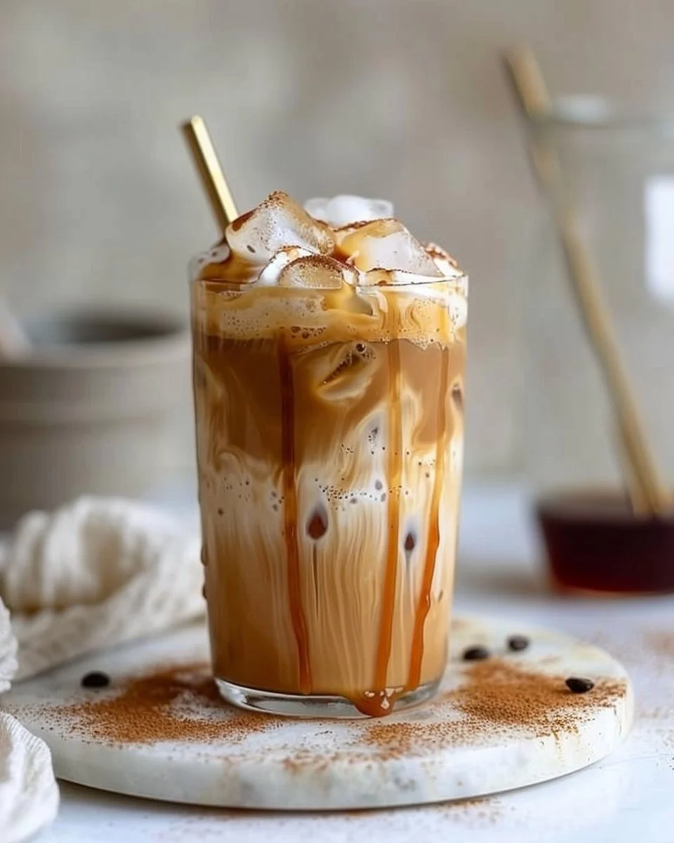 Homemade caramel iced coffee in a glass with ice and whipped cream