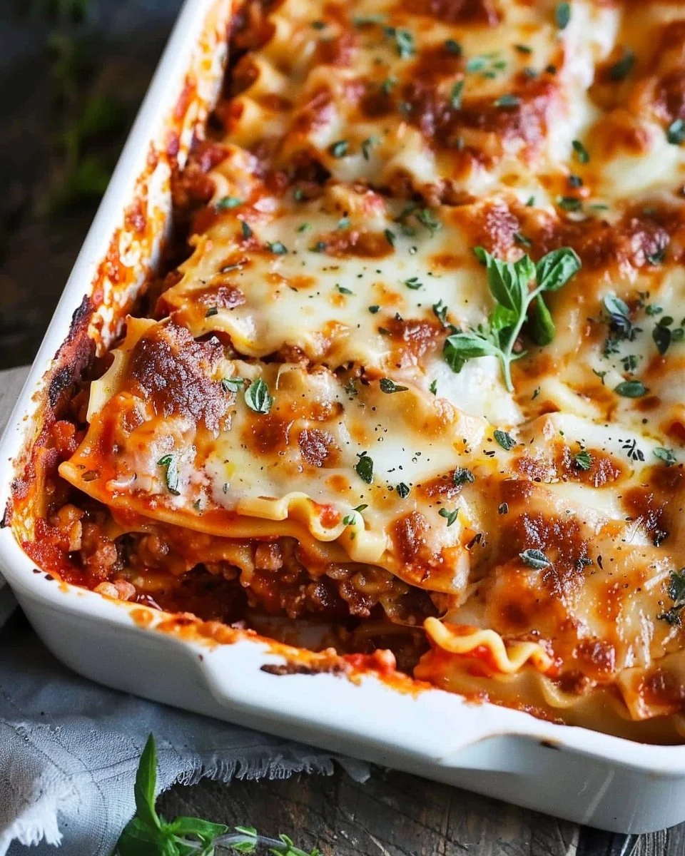 Delicious homemade lasagna served in a dish, perfect for family dinners.
