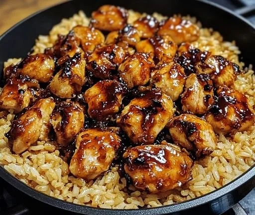 Delicious Honey BBQ Chicken served with rice in a one-pan meal.