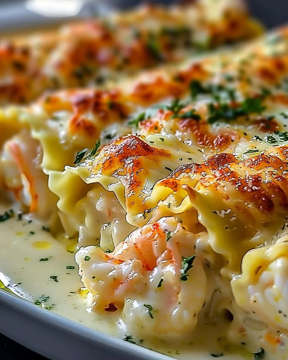 Indulgent shrimp crab alfredo lasagna roll-ups ready to serve
