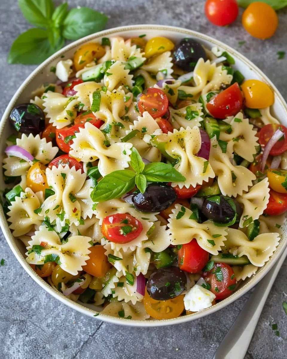 Bowl of colorful Bow Tie Pasta Salad with vegetables and Italian dressing