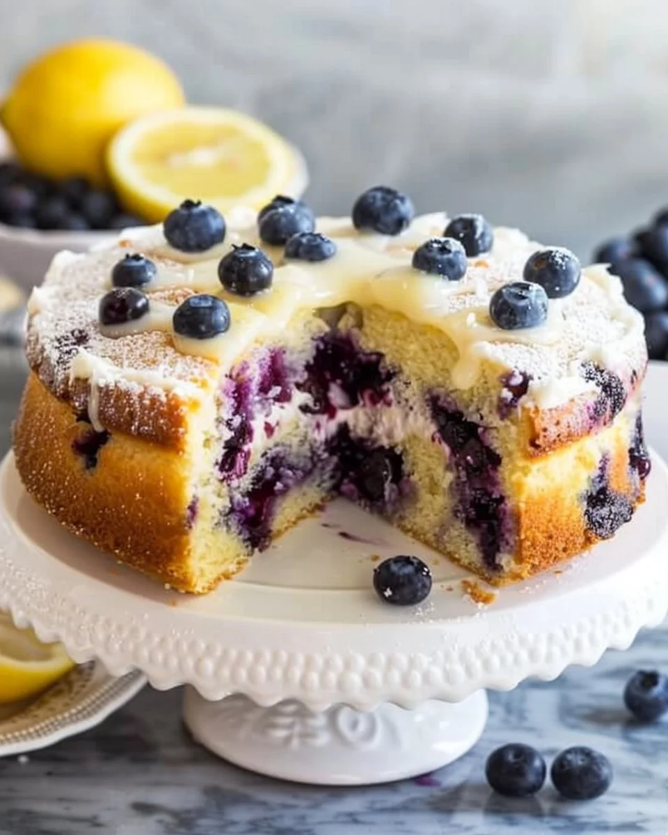 Moist lemon blueberry cake topped with fresh blueberries and lemon zest