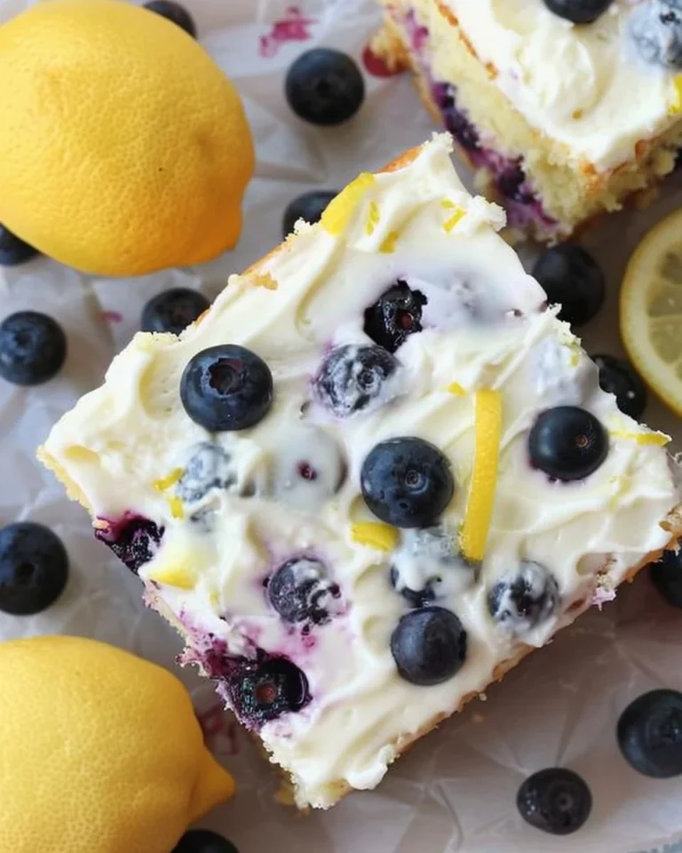 Slice of Lemon Blueberry Sheet Cake topped with fresh blueberries and lemon zest