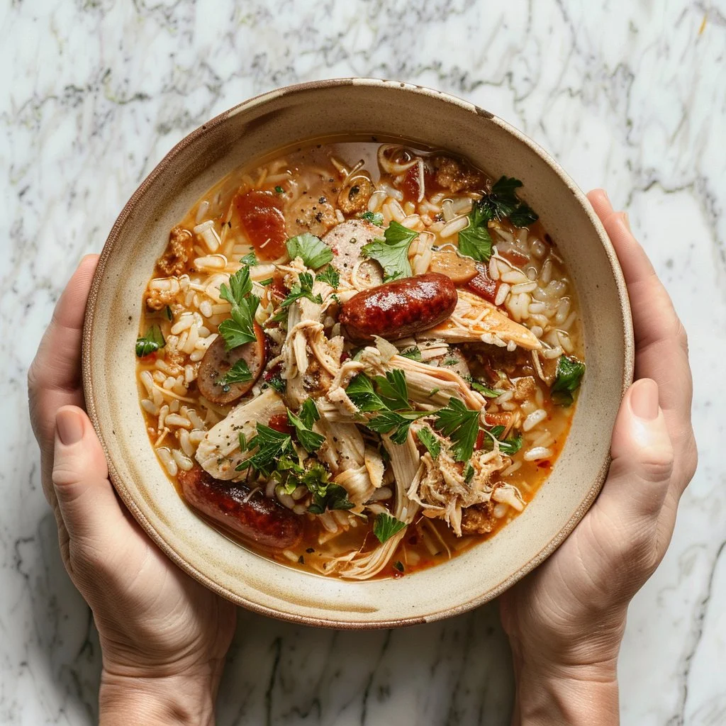 Delicious Lowcountry Chicken Bog with long grain rice served in a bowl