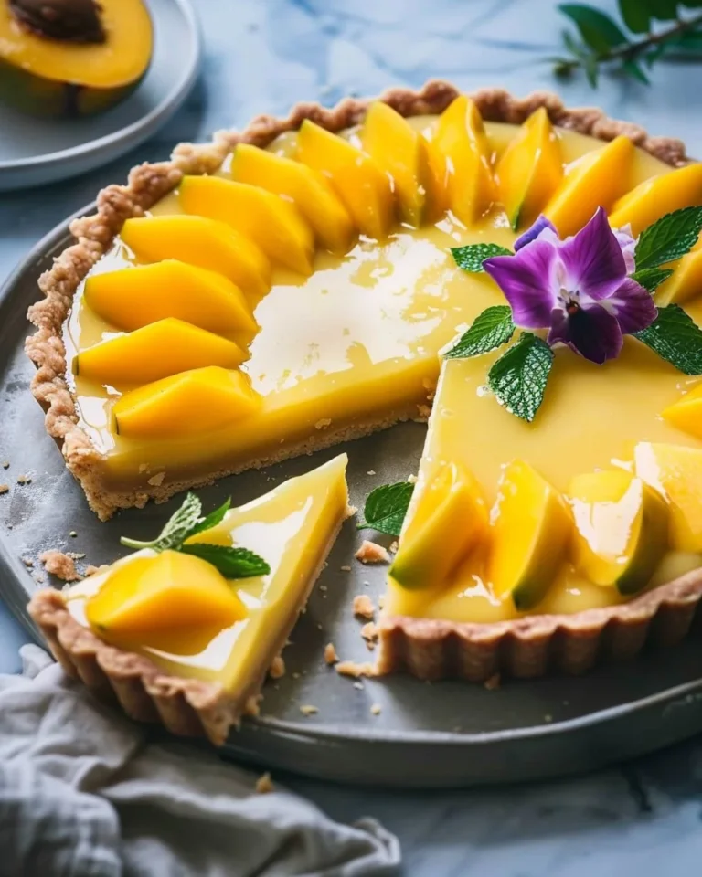 Mango Curd Tart with vibrant mango filling on a golden crust
