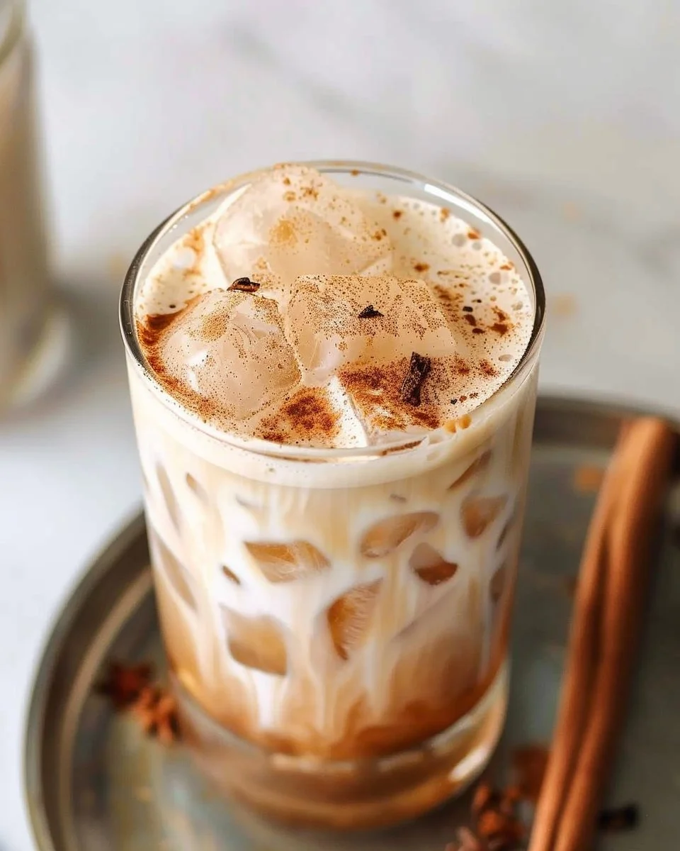 Maple Brown Sugar Iced Latte served in a glass with ice and a straw