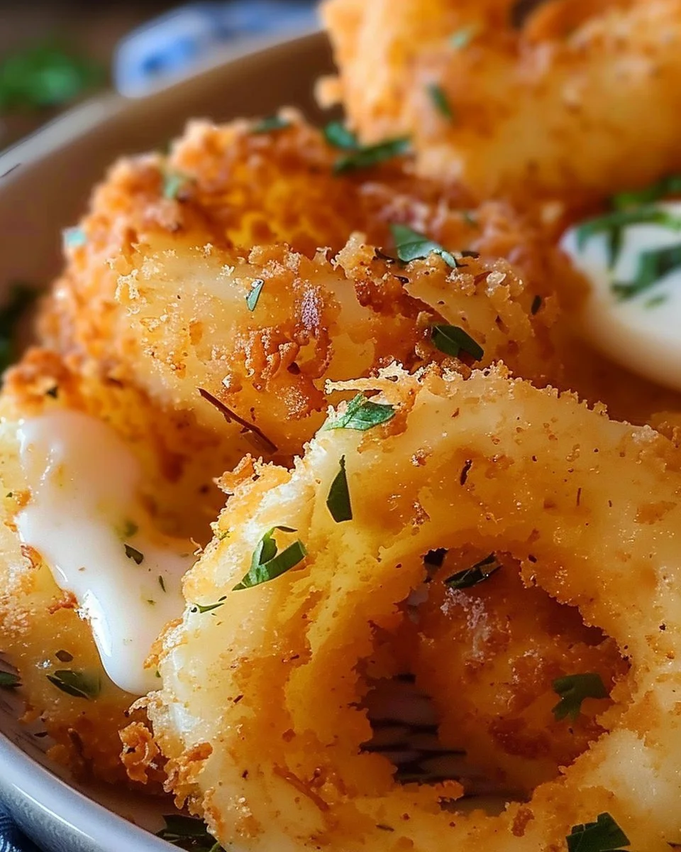 Mozzarella-stuffed onion rings topped with garlic butter on a plate