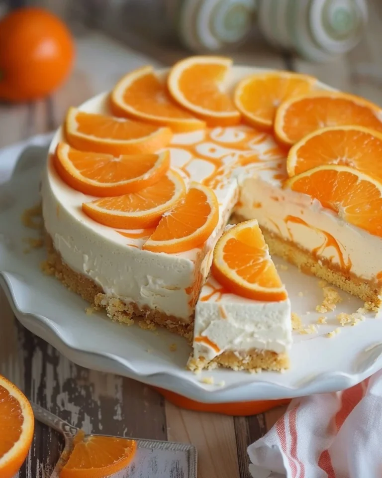 No-bake orange creamsicle cheesecake topped with orange slices and whipped cream